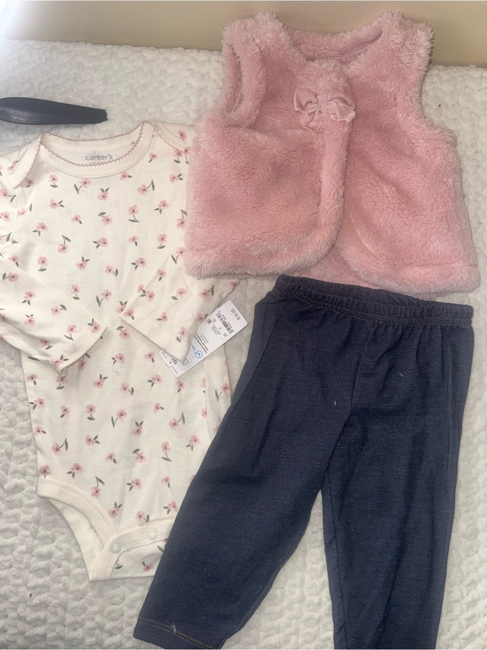 Carter's Pink Faux Fur Vest with Floral Bodysuit & Navy Pants Set